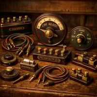 A collection of vintage panel meter accessories elegantly displayed on a rustic wooden workbench The warm glow of soft diffused lighting casts gentle