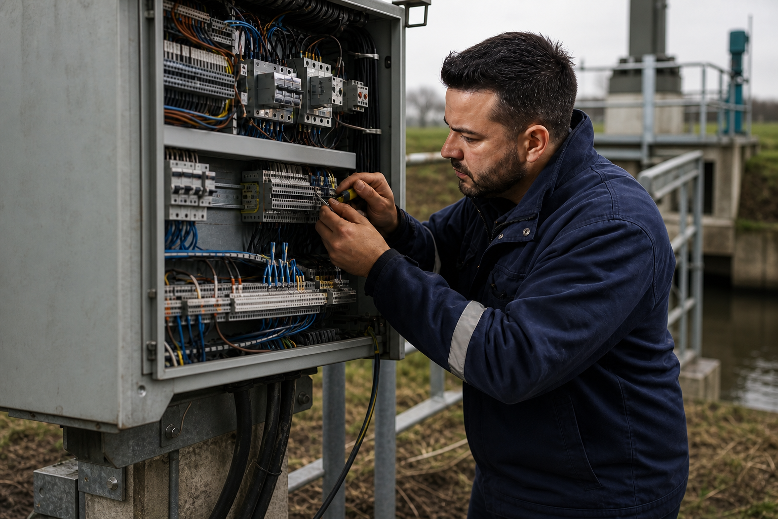 Monteur Working In Field With Control Cabinet